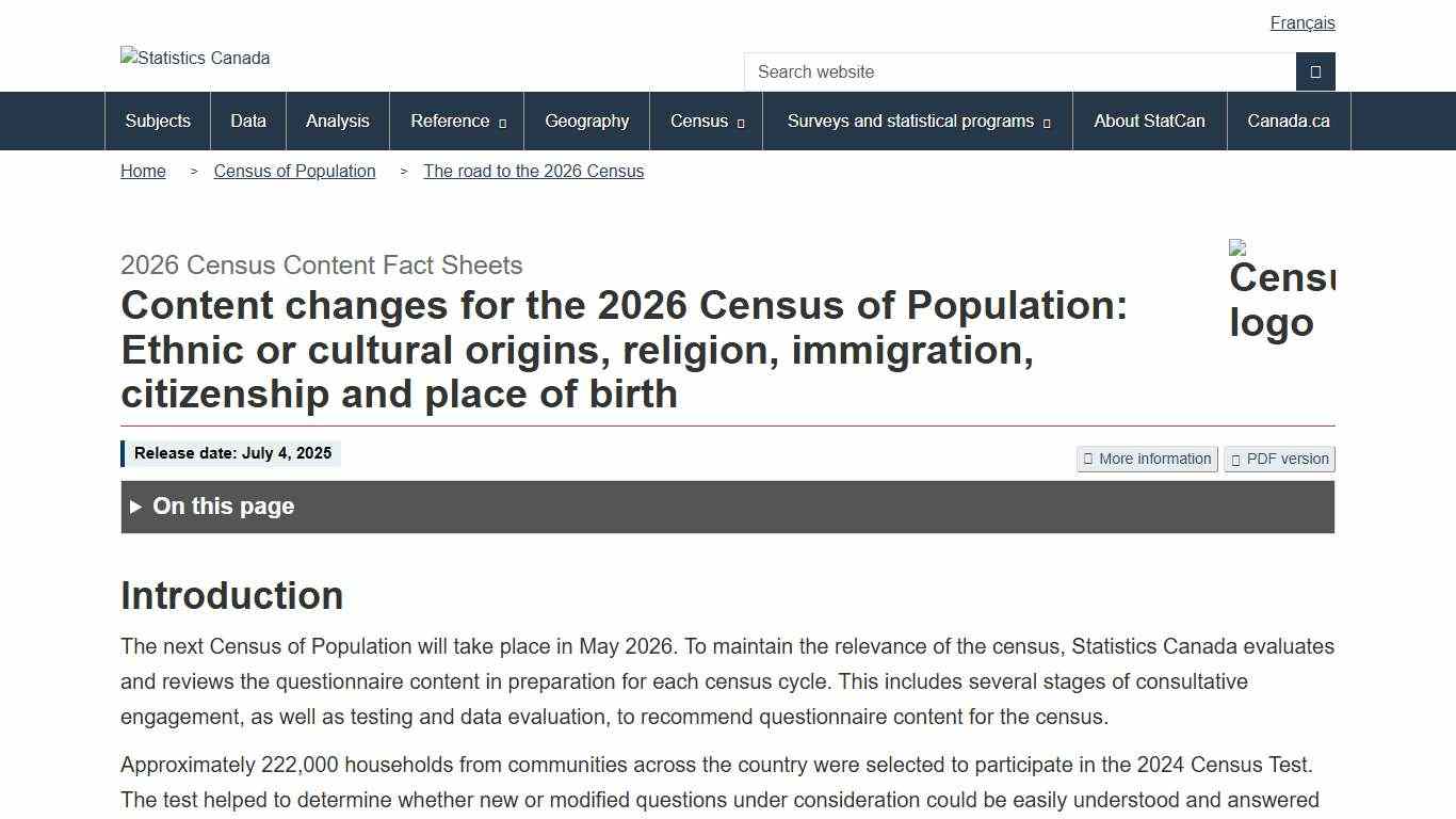 Content changes for the 2026 Census of Population: Ethnic or cultural origins, religion, immigration, citizenship and place of birth